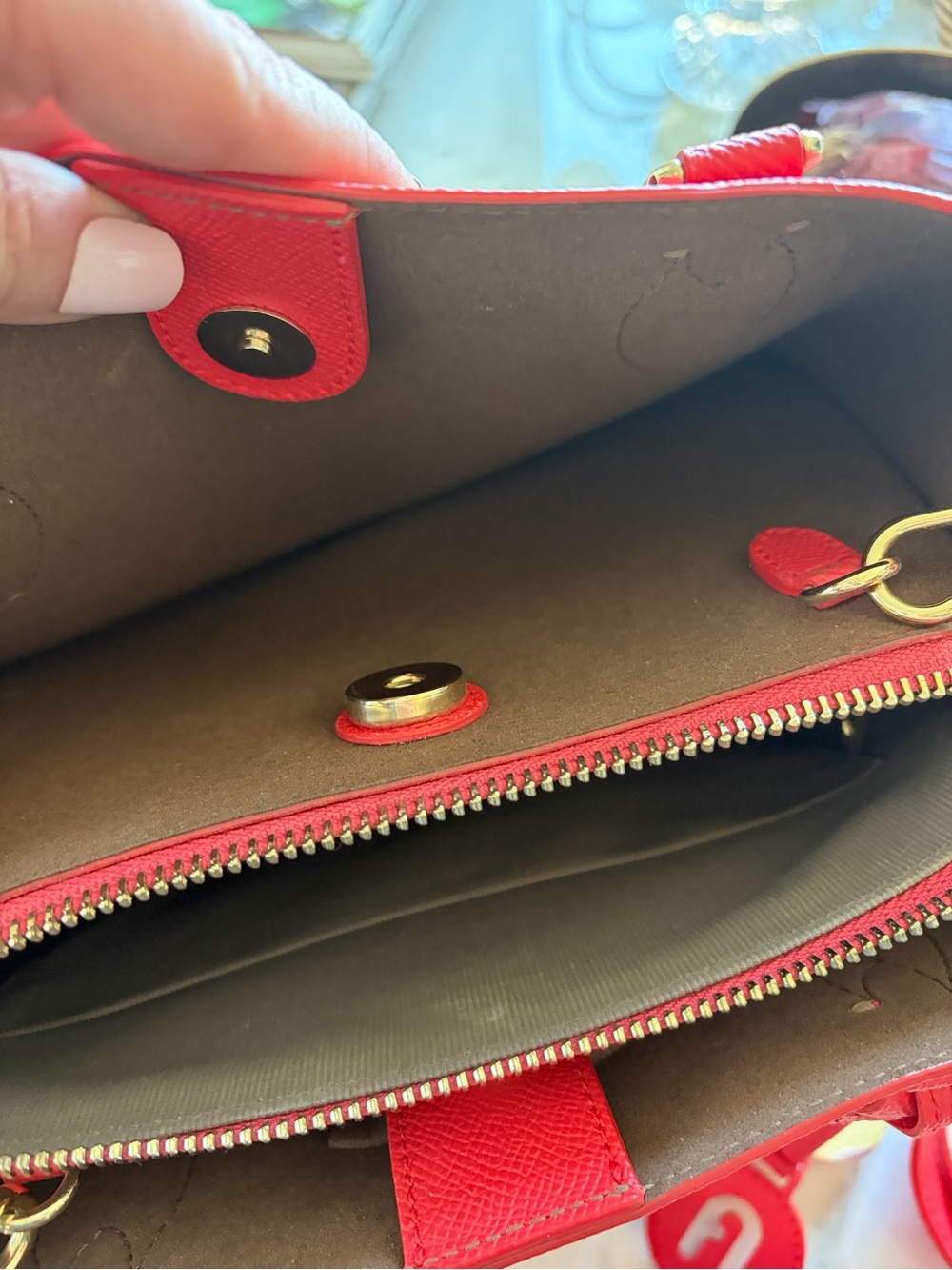 Furla Red Leather Double-Compartment satchel purse with Gold Hardware - Picture 5 of 7